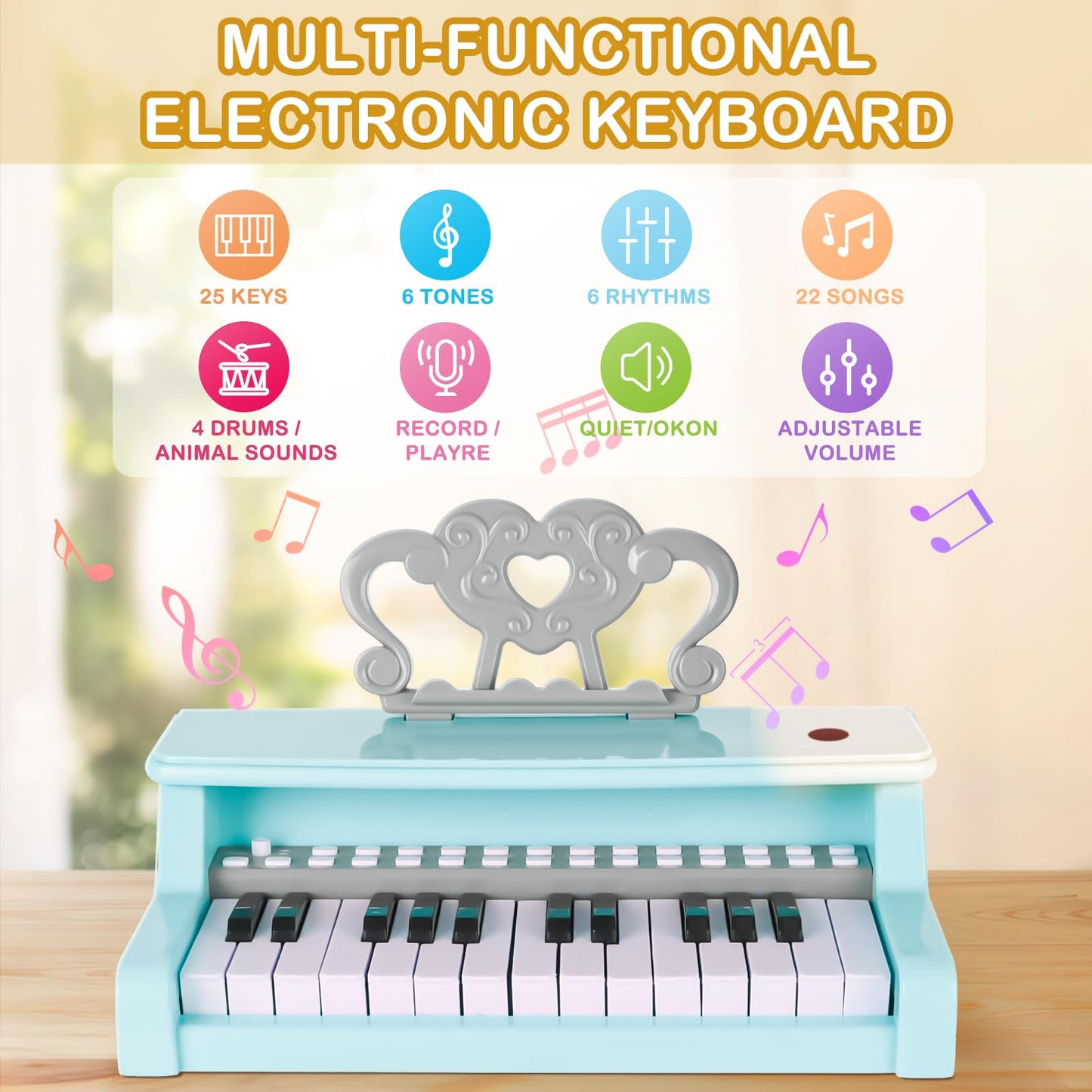 Deao Children'S Piano For Girls, Children'S Musical Piano Keyboard Toys, Electronic Piano Toy With Stool And Microphone, 25 Keys, 22 Songs (Blue)