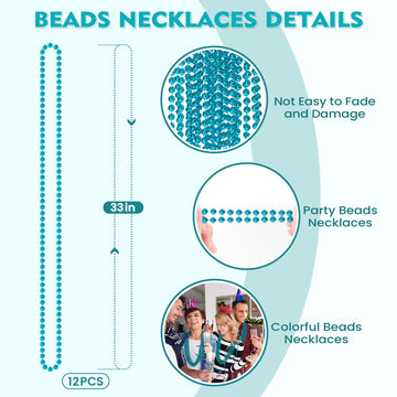 SHAOQINLIN 12 PCS Teal Bead Necklaces, Teal Mardi Gras Beads Necklaces Turquoise Party Beads Necklace Bulk Round Beaded Necklace