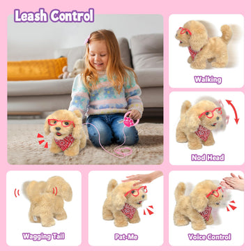 Yh Yuhung Walking Dog Toy For Kids With Leash, Remote Control Toy Puppy That Can Walks, Barks, Feeds, Sits Down And Wag Its Taii, Interactive Golden Retriever Stuffed Dog For Kids 3+ Years Old