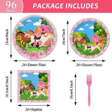 Wiooffen 96 Pieces Horse Birthday Plates Napkins Kentucky Derby Pink Horse Party Decorations Horse Paper Plates Cowgirl Western