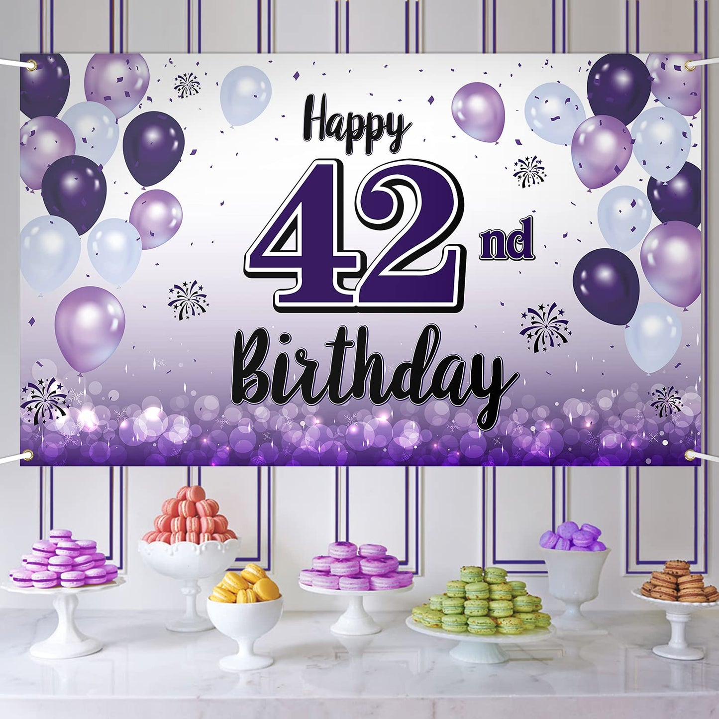 LASKYER Happy 42nd Birthday Decorations,42nd Purple Balloon Large Birthday Banner Backdrop Sign,42 Years Old Bday Party Supplies