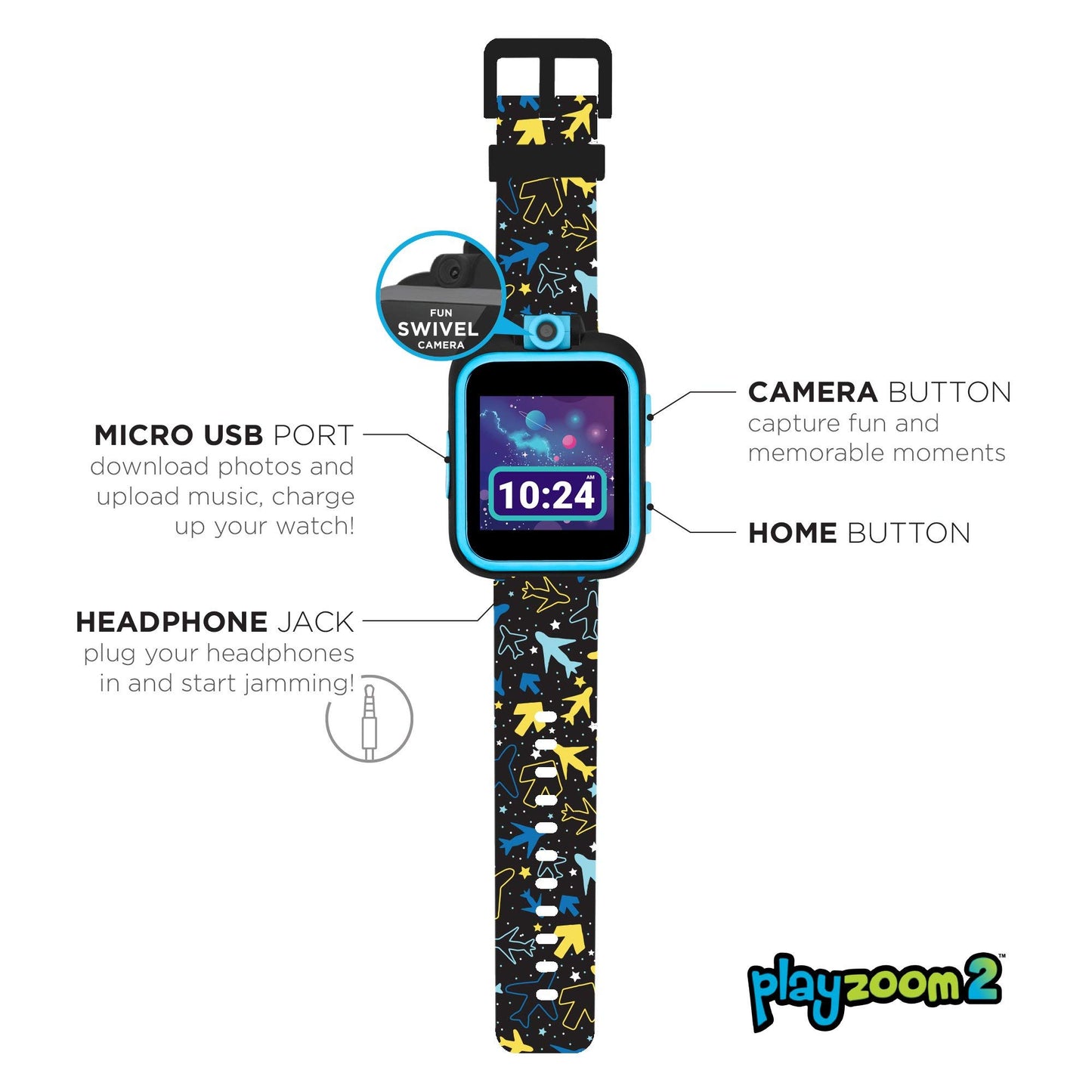 Kids Smartwatch Playzoom 2 With Swivel Selfie Camera, Stem Learning, 20+ Games, Audio Bedtime Stories, Store Music For Kids Toddlers Boys Girls Airplane And Star Print