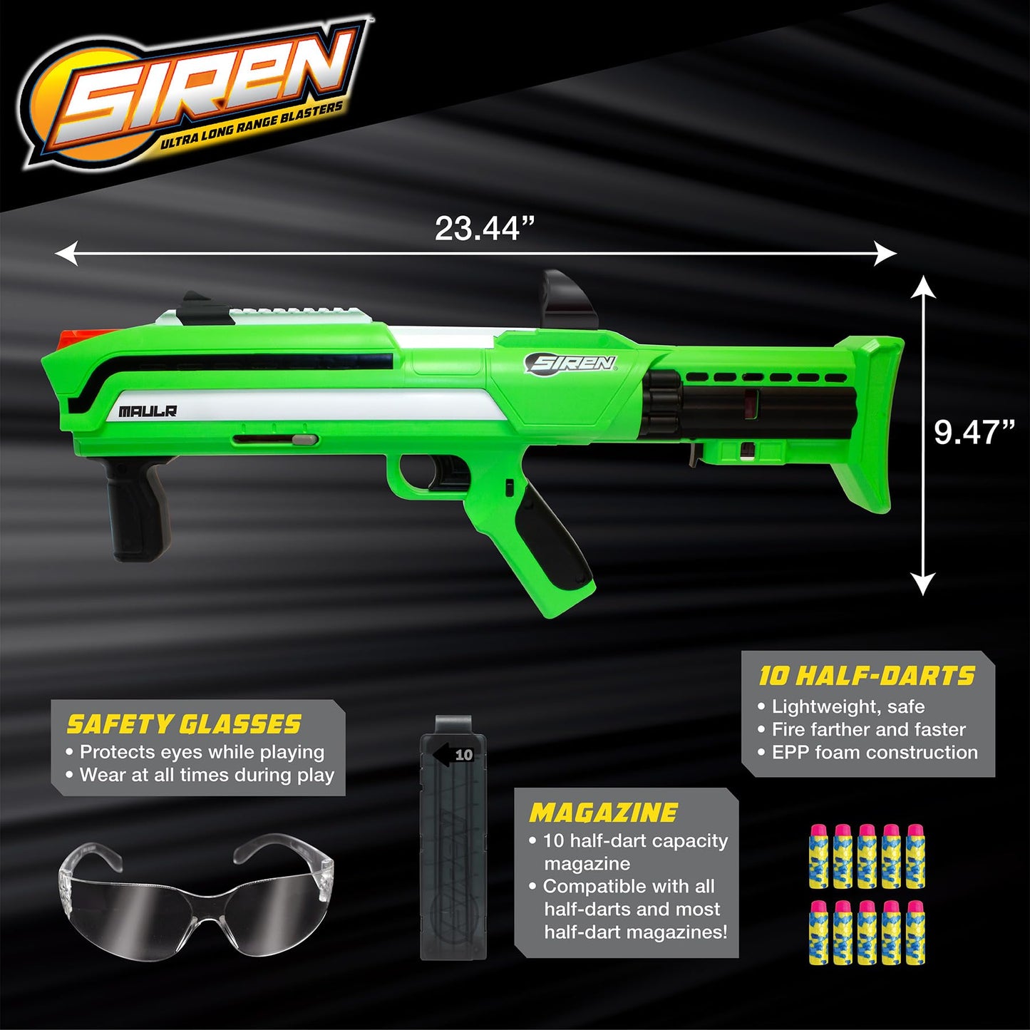 Siren Blasters Maulr Ultra Long Range Foam Dart Blaster, Pump-Action Multi-Shot, 200 Ft Range, 220 Fps, Adjustable Fire Power (C