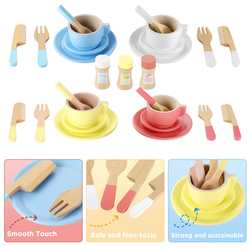 GAGAKU Wooden Play Dishes and Plates for Kids Kitchen Set 27 PCS Montessori Wooden Play Kitchen Accessories Kitchen Toy Wooden P