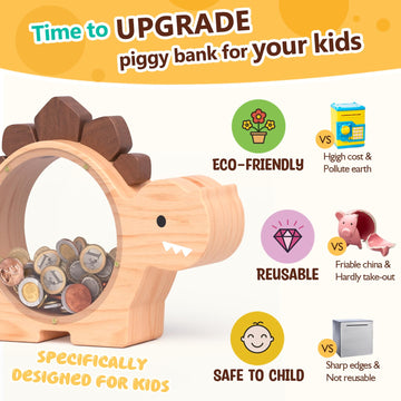 Summidate Wooden Dinosaur Piggy Bank For Kids Boys, Cute Dino Money Bank For Kids Toddlers, Unbreakable Wood Coin Bank, Creative Saving Money Jar Personalized Present For Child Birthday & Decor