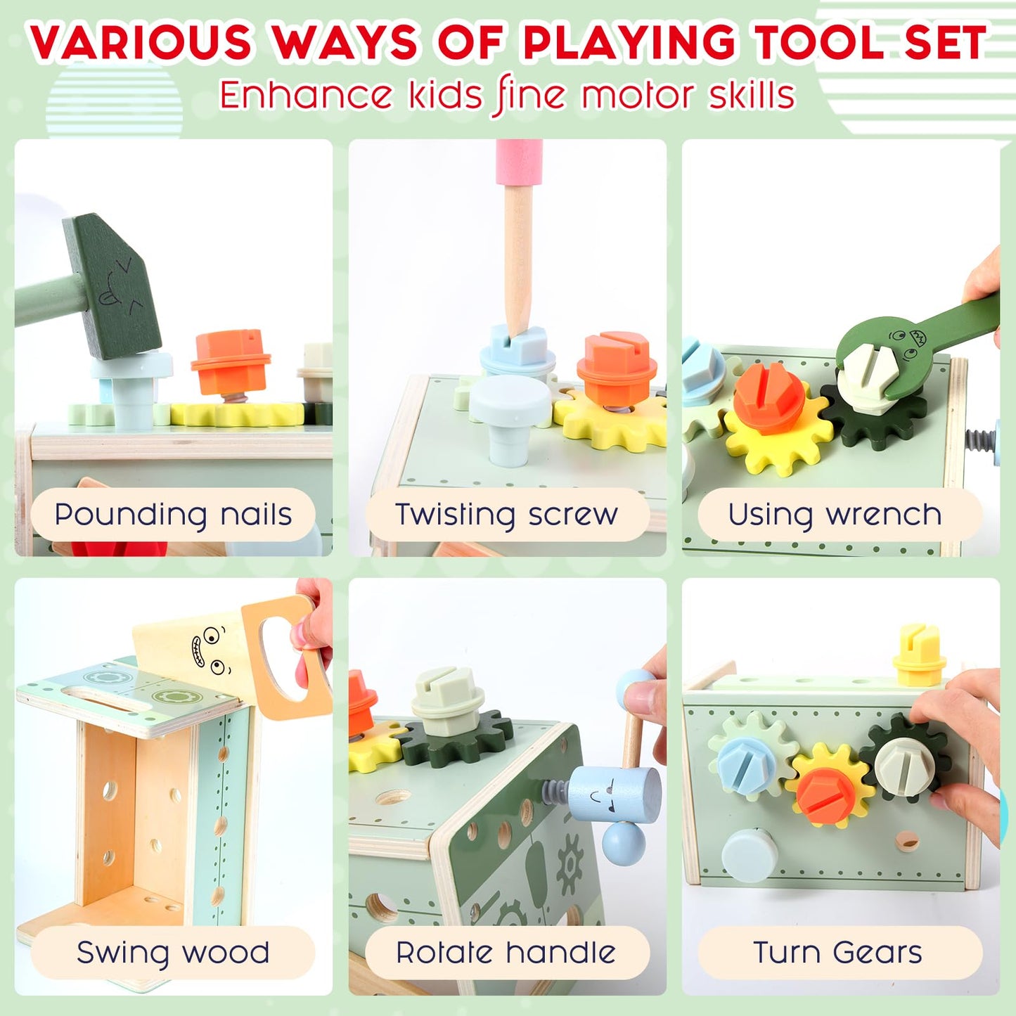 Asweets Kids Tool Set, Wooden Toddler Tool Bench with Box, Montessori STEM Educational Pretend Play Construction Toys, Birthday