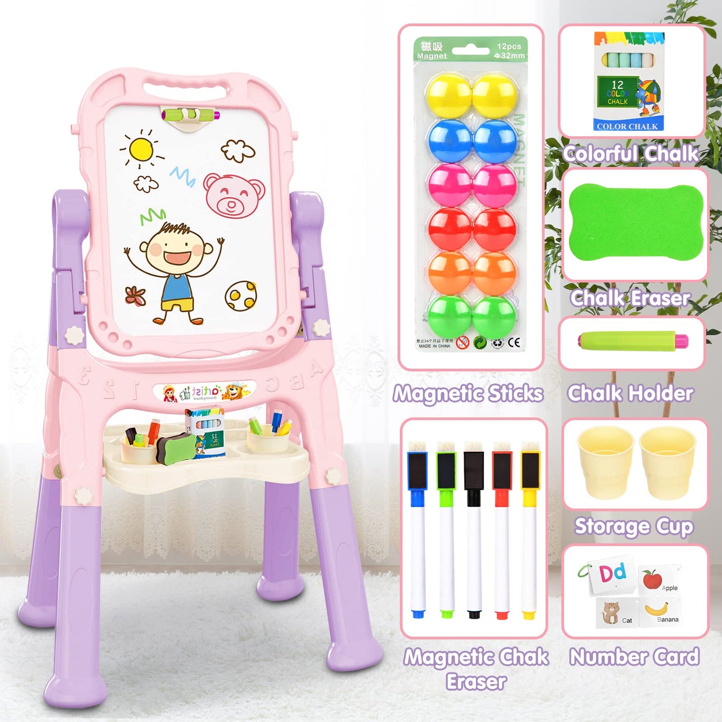 Amagoing Easel For Kids, Adjustable Standing Art Easel For Toddler, Double Magnetic Drawing Board With Painting Supplies For Lit