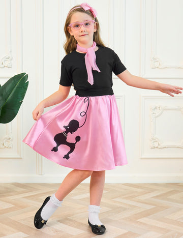 Aprroot Poodle Skirt For Girls 50S Outfit Kids Halloween Costume 2025 Sock Hop Outfit With Headbands, Glasses, Scarves 8-10Y Pin