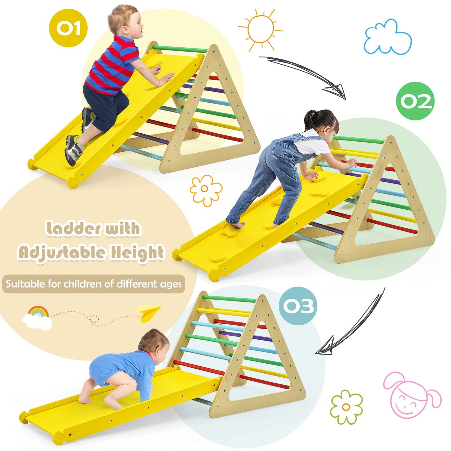 Costzon Climbing Toy For Toddlers, 3 Piece Montessori Wooden Triangle Climber W/2 Triangle Ladders & Double-Sided Ramp For Sliding & Climbing, Kids Boys Girls Indoor Gym Playset Gift For Home, Daycare