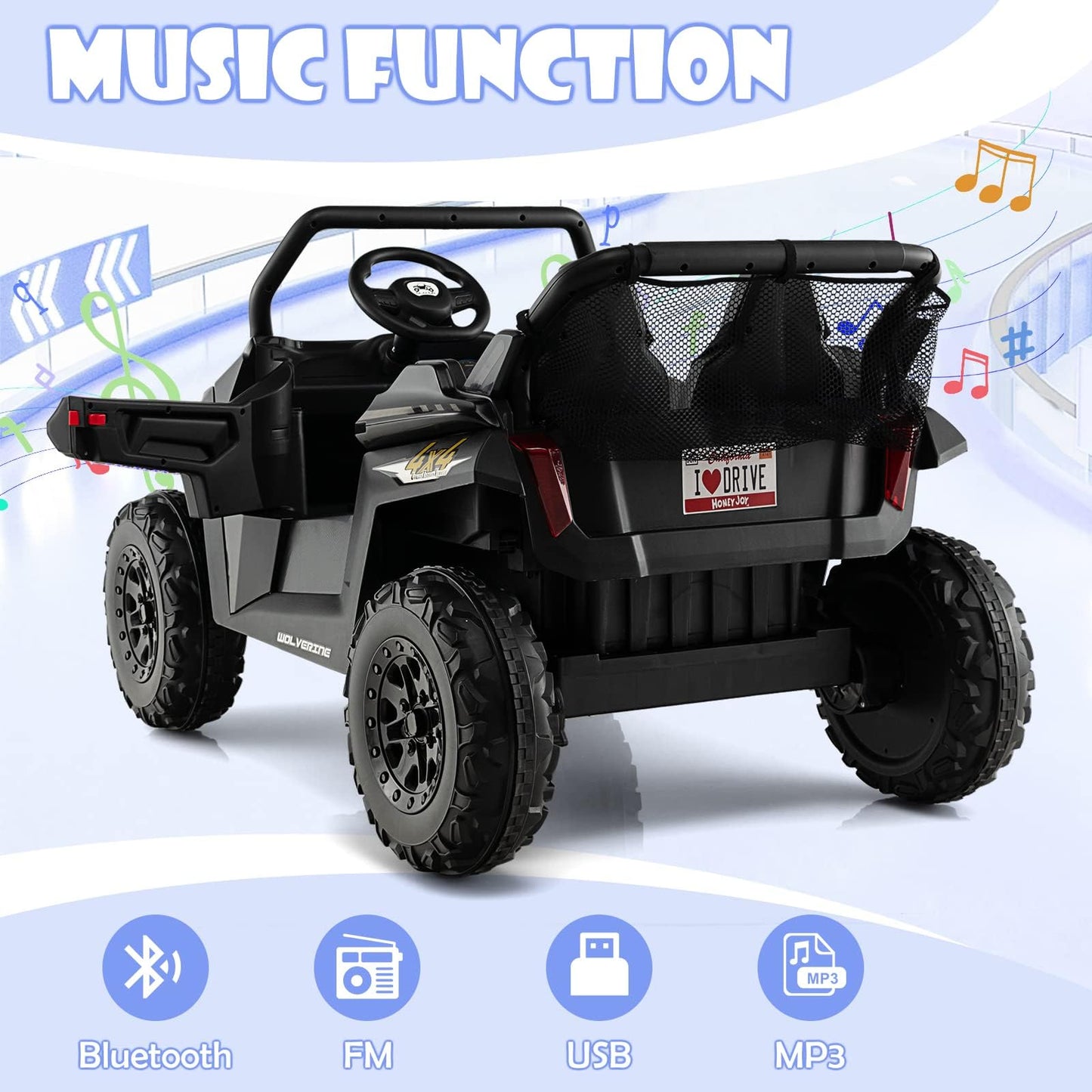 Olakids 2 Seater Ride On Car For Kids, 12V Utv Kids' Electric Vehicles With Remote Control, Spring Suspension, Soft Start, Music Bluetooth Fm, Battery Powered For Ages 3-8 (Jet Black)