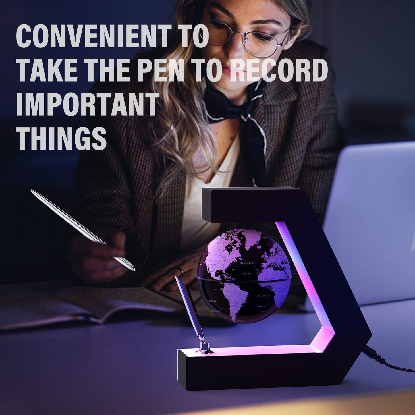 Floating Globe With Led Lights Magnetic Levitation Floating Globe With Pen, Portable To Write On Office Desk, World Map For Desk Decoration