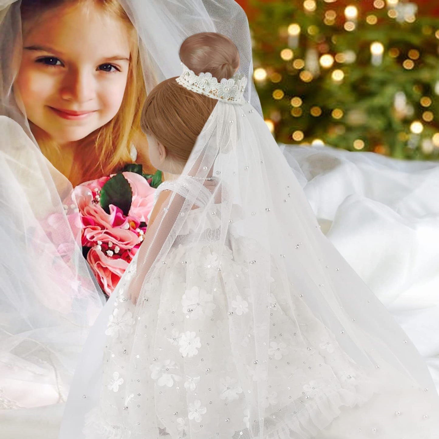Mlcnles 18 Inch Doll Clothes Doll Wedding Dress Accessories Outfits For 18 Inch Doll Clothes - White Bride Dolls Gown Set With Long Lace Veil And Necklace For Girl Birthday Xmas Gift