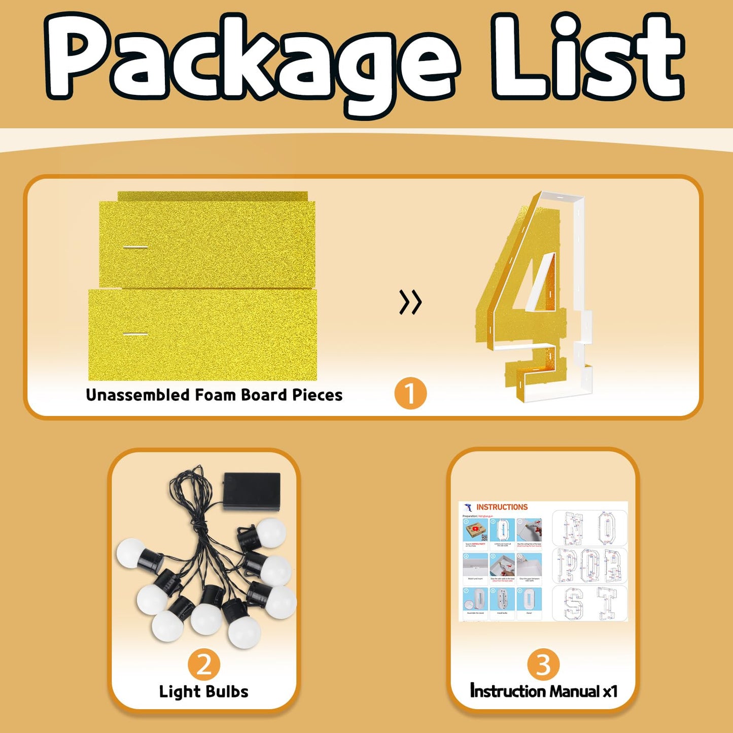 Imprsv Marquee Numbers Gold 3Ft: Golden Party Decor - Light Up Number 4 Large 3 Feet Tall - Birthday Decorations For Him Her 4Th