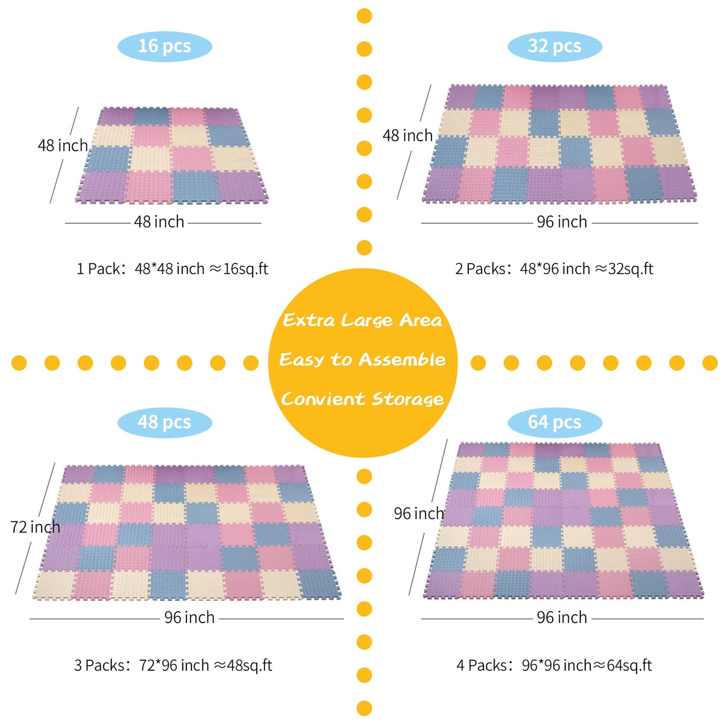 Tamiplay 16Pcs Foam ,Eva Soft Interlocking Floor Mats, Solid Colored Foam Puzzled Baby Play Mat Exercise Mats With Storage Bag(Beige/Pink/Purple/Gray Blue)