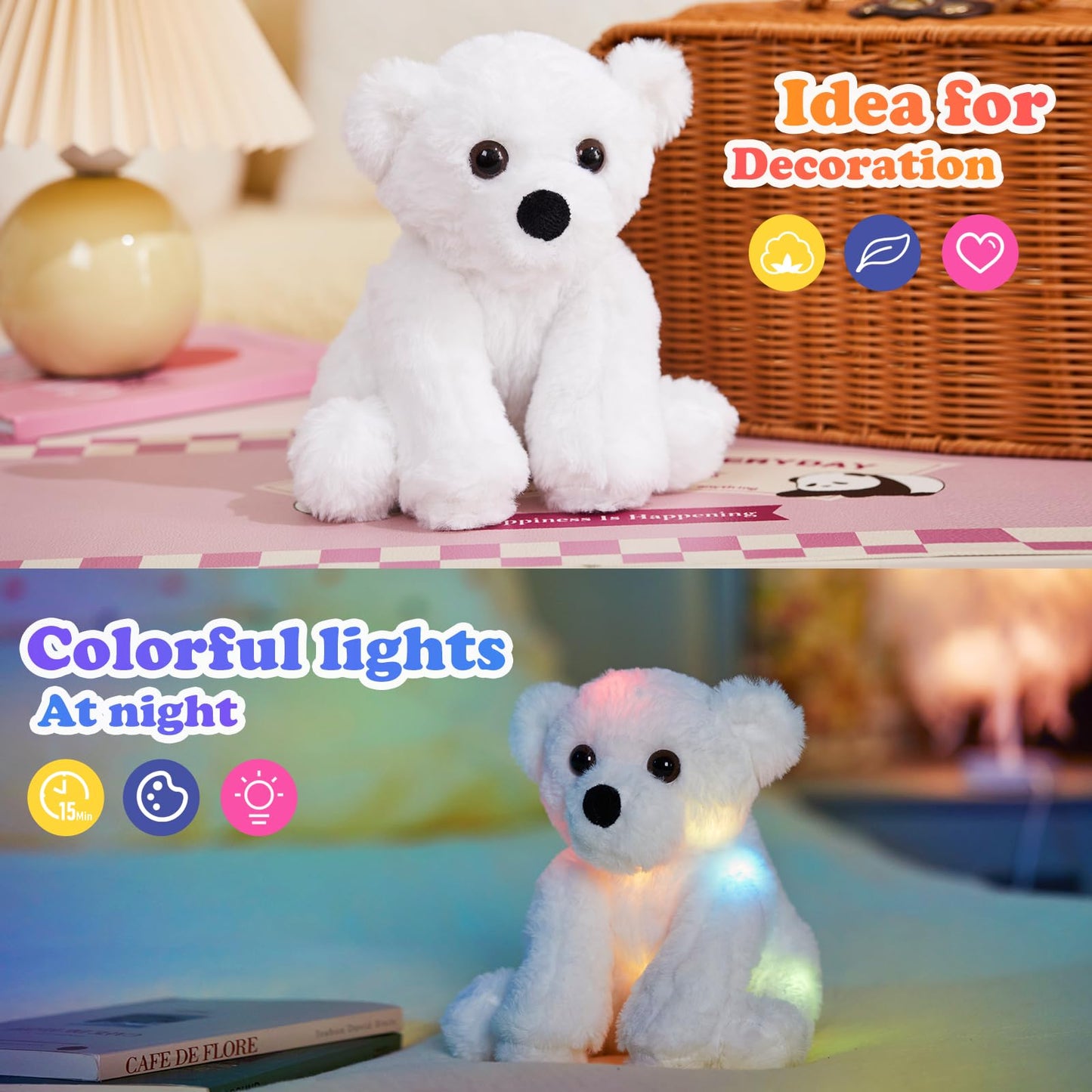 Bstaofy Glow Polar Bear Light Up Valentines Stuffed Animal Led Night Light Bear Soft Plush Toy Adorable Birthday Mother'S Children'S Day For Toddler Kids, White, 9.5''