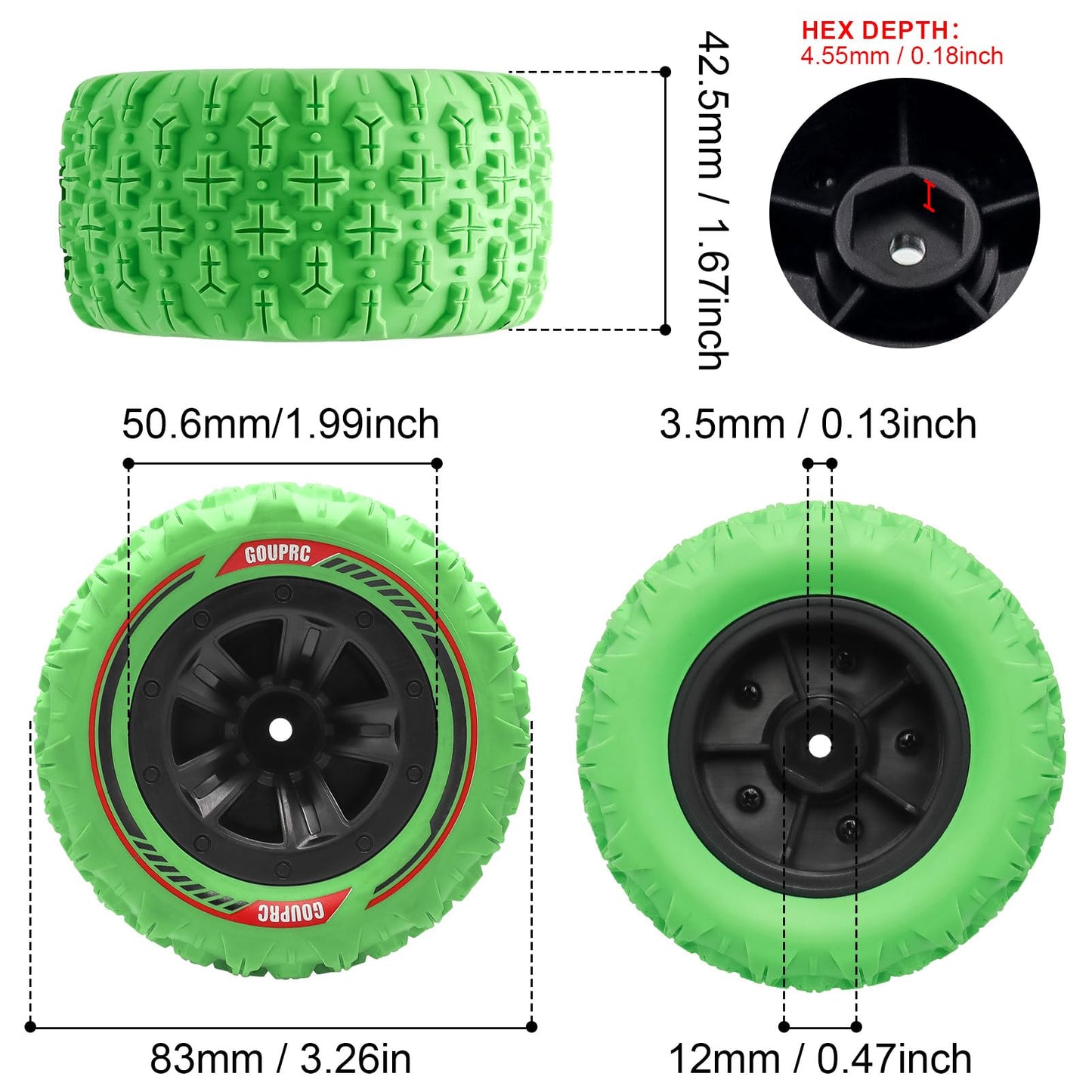 GOUPRC 12mm Hex RC Wheel Tires Set, 3.26 * 1.67 Inches 4PCS Swamp Claw Mud Terrain Tires Accessories for 1/14 1/16 RC Car Crawle