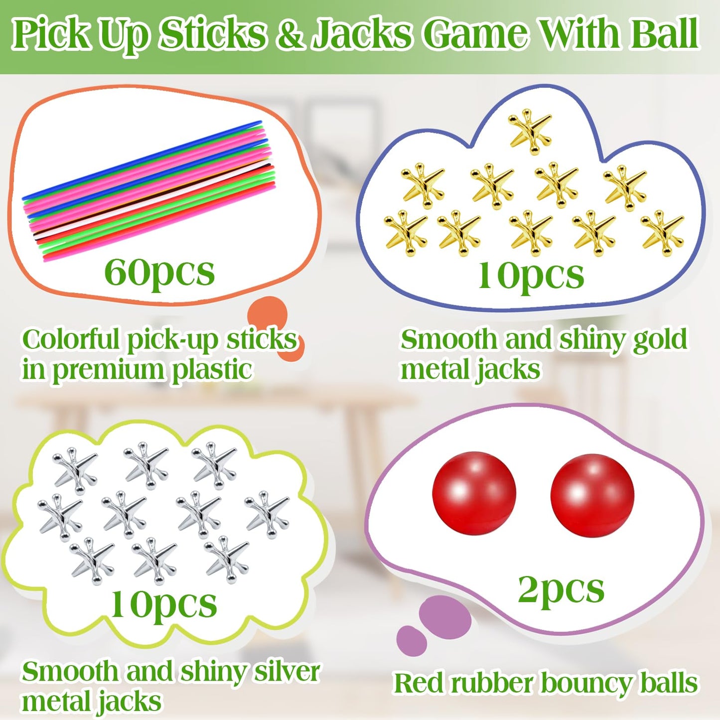 Zeedix 60 Pcs Pick Up Sticks With 2 Sets Retro Metal Jacks Kit- Include 2 Pcs Red Rubber Balls And 20 Pcs Gold And Silver Metal Jacks, Classic Fun Game Gift Of Jacks For Kids Adults Family