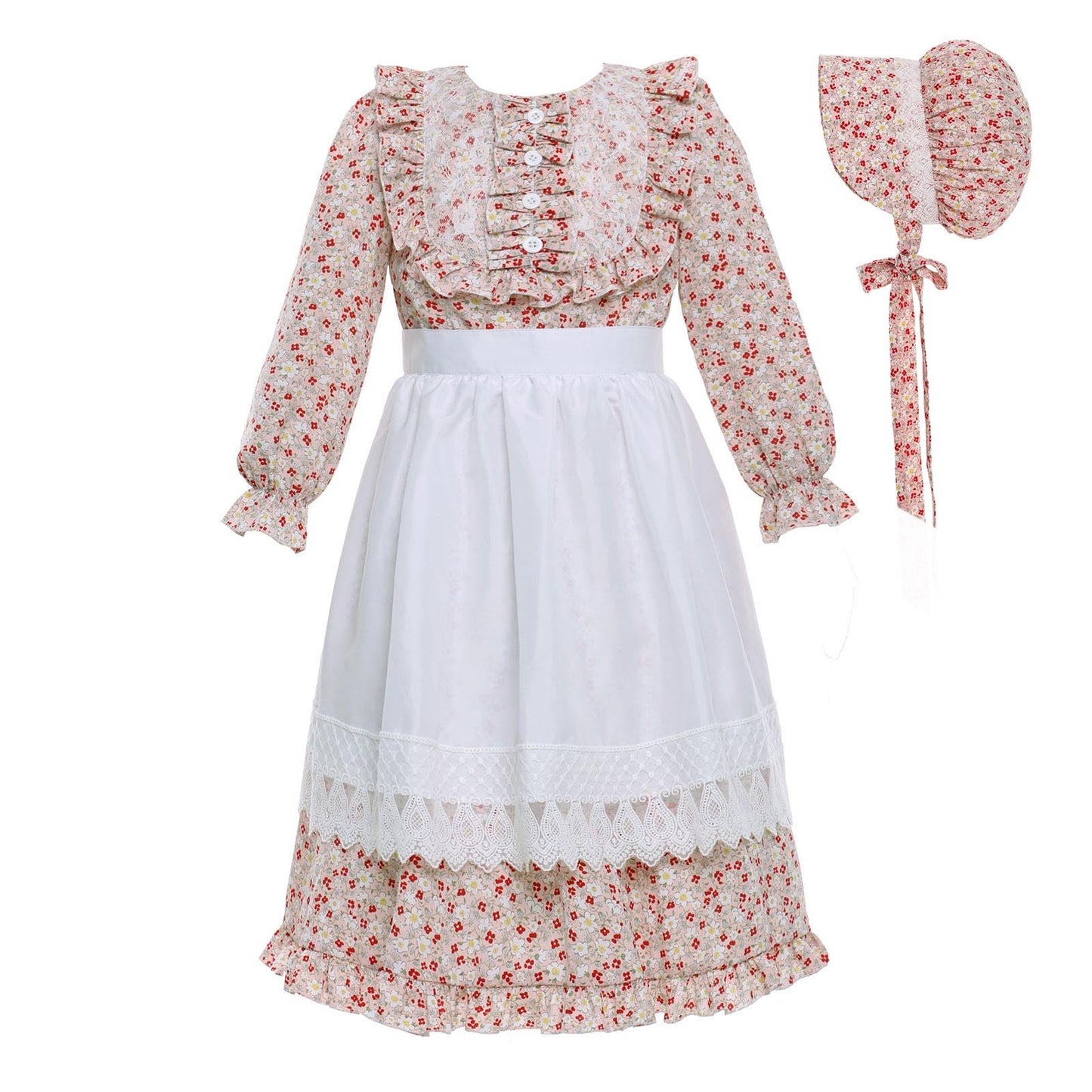 Vibsion Girls Pioneer Prairie Costume Pilgrim Dress Kids Floral Colonial Village Girl Costumes Bonnet Apron Set 3Pcs S