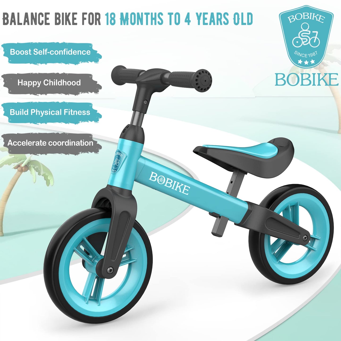 Bobike Toddler Balance Bike Toys For 1 To 3 Year Old Girls Boys Adjustable Seat And Handlebar No-Pedal Training Bike Best Gifts For Kids (Blue)