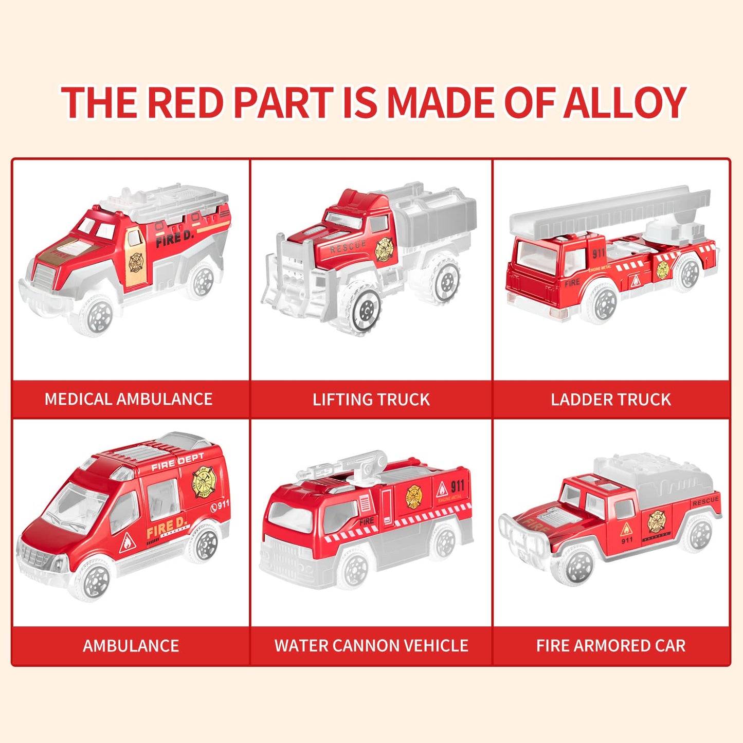 Temi Toddler Toys For 3 4 5 6 Years Old Boys, Die-Cast, Alloy Metal Emergency Fire Rescue Vehicle Transport Car / Truck Toys Set W/Play Mat For Age 3-9 Toddlers Kids Boys & Girls