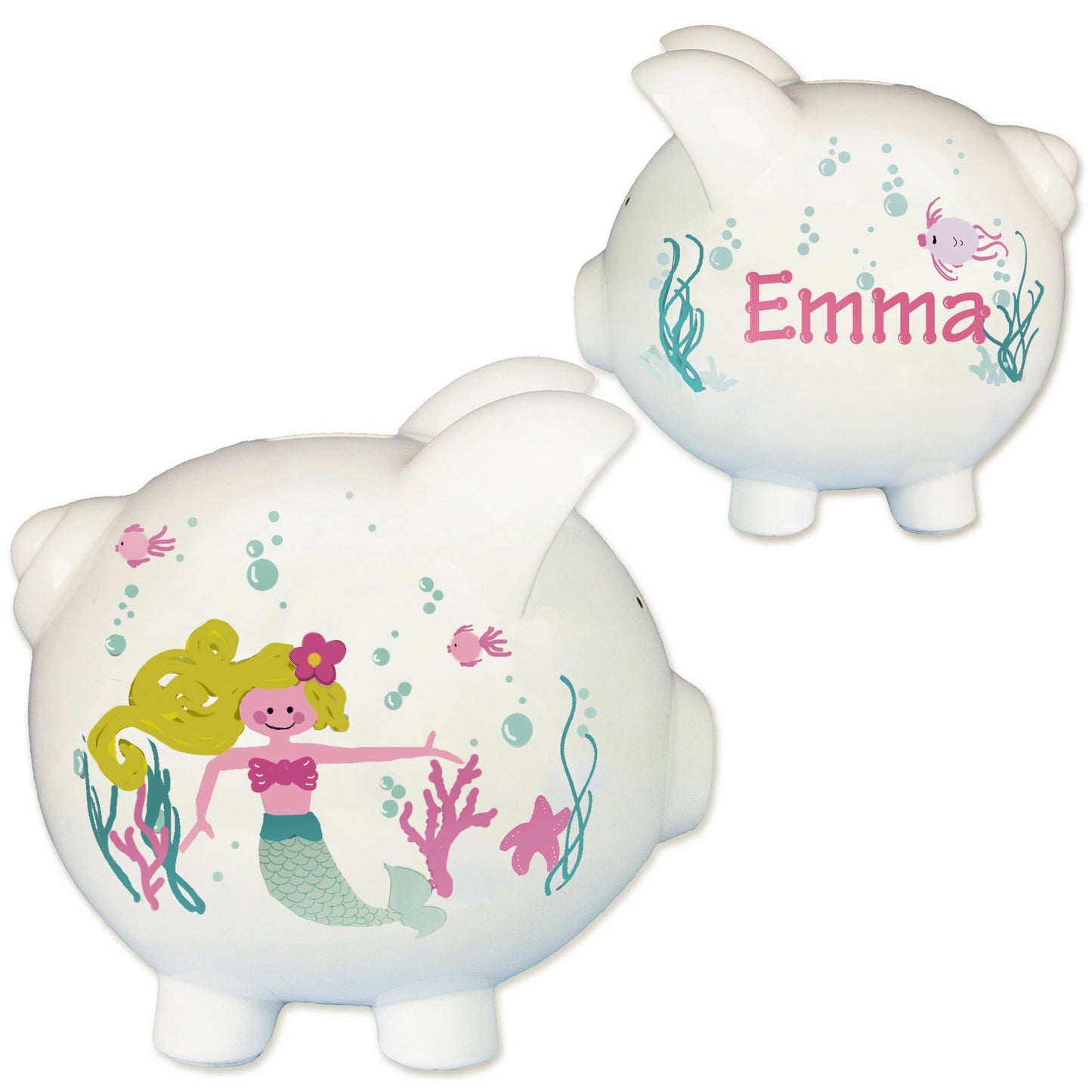 My Bambino Hand Painted Personalized Piggy Bank Girls Large White Ceramic Coin Bank Removable Stopper (Mermaid)