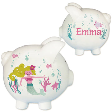 My Bambino Hand Painted Personalized Piggy Bank Girls Large White Ceramic Coin Bank Removable Stopper (Mermaid)