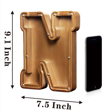 Aorcmitn Large Wooden Letter Coin Personalized Piggy Bank For Boys Girls Kids Toddler Adults Money Bank Best Gift For Friends (9.2 Inch-N)