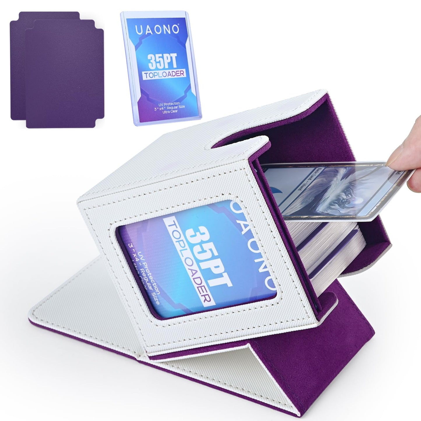 Uaono Card Deck Box With Mtg Commander Display, Deck Case Holds 100+ Double-Sleeved Cards, Trading Card Storage Box Fits Tcg/Ptcg/Sports Card With 2 Dividers, 1 Toploader (White, Purple)