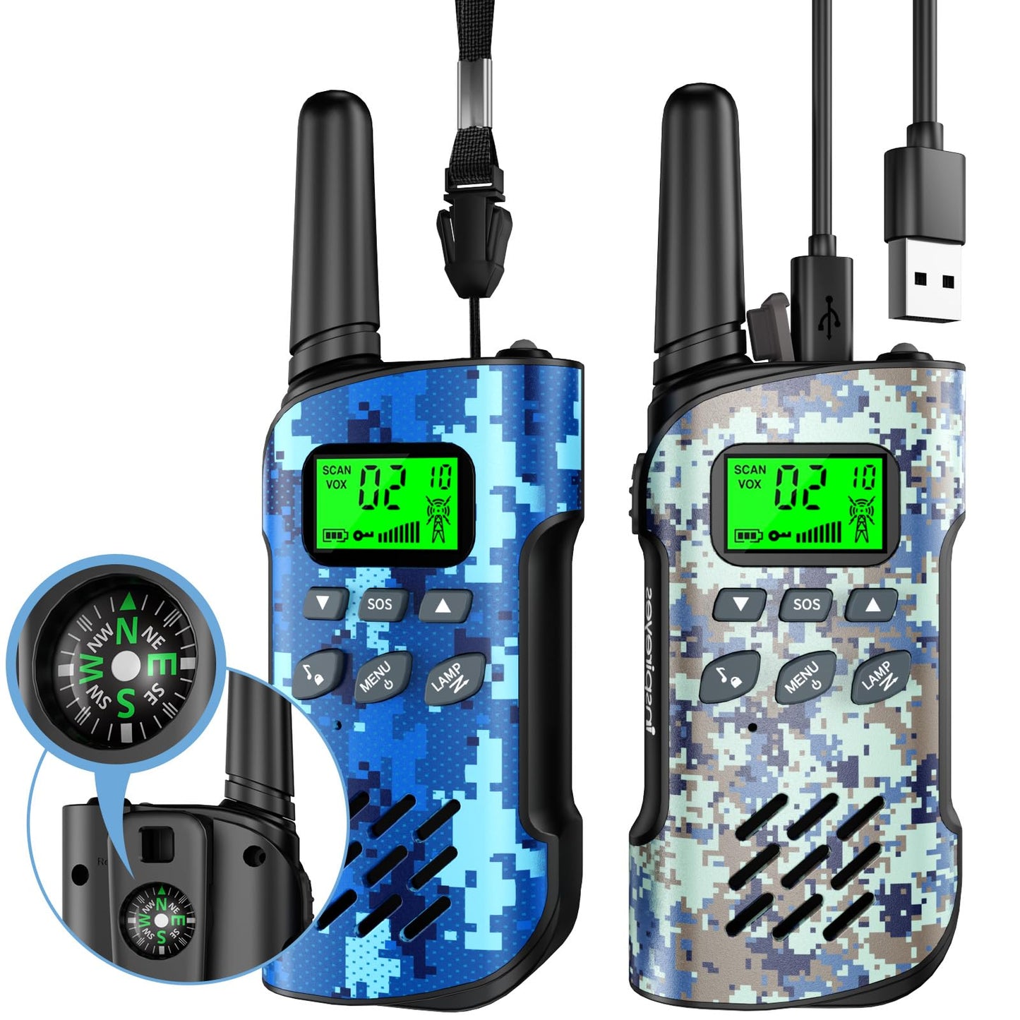 Inspireyes Walkie Talkies For Kids Rechargeable, 48 Hours Working Time 2 Way Radio Long Range, Outdoor Camping Games Toy Birthday Xmas Gift For Boys Age 5 6 8-12 3-5 Girls, 2 Pack Camo With Compass
