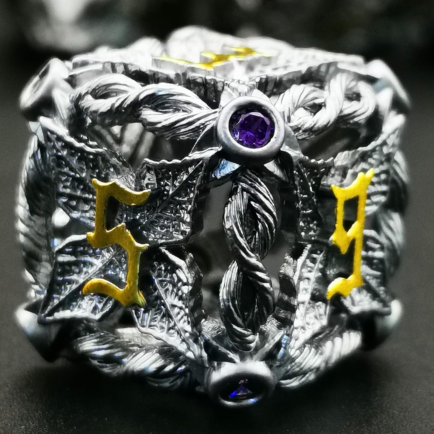 Mjdiceok Hollow Magic Vine Leaf Dnd Dice Set Metal Dice Set 7 Role Playing Dice D&D Dungeons And Dragons Dice (Gray + Purple Gem