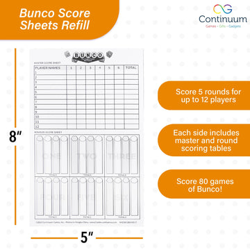 Continuum Games Bunco Score Sheets Refill, Double-Sided Sheets, Scores 6 Rounds For 12 Players Per Side, Essential For Scorekeeping Bunco Game Nights, Includes Bunco Rules, Bunco Party Supplies