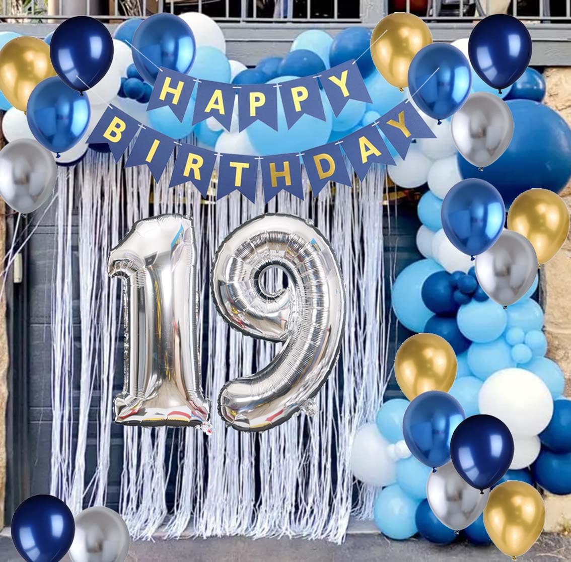 19Th Birthday Party Decoration For Boys, Birthday Banner Blue Number 19 Birthday Balloons Metallic Silver Blue Gold Latex Balloo