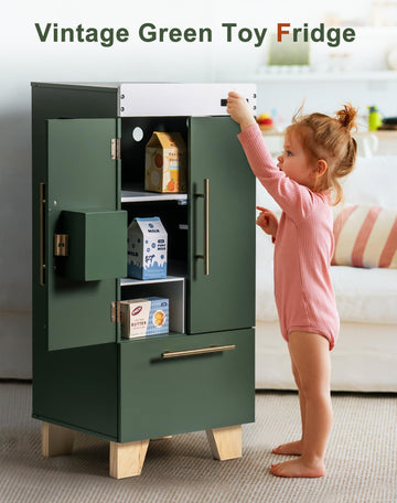 Robotime Wooden Toy Fridge - Play Kitchen Set With Accessories, Kitchen Playset Interactive Refrigerator For Pretend Play Fridge