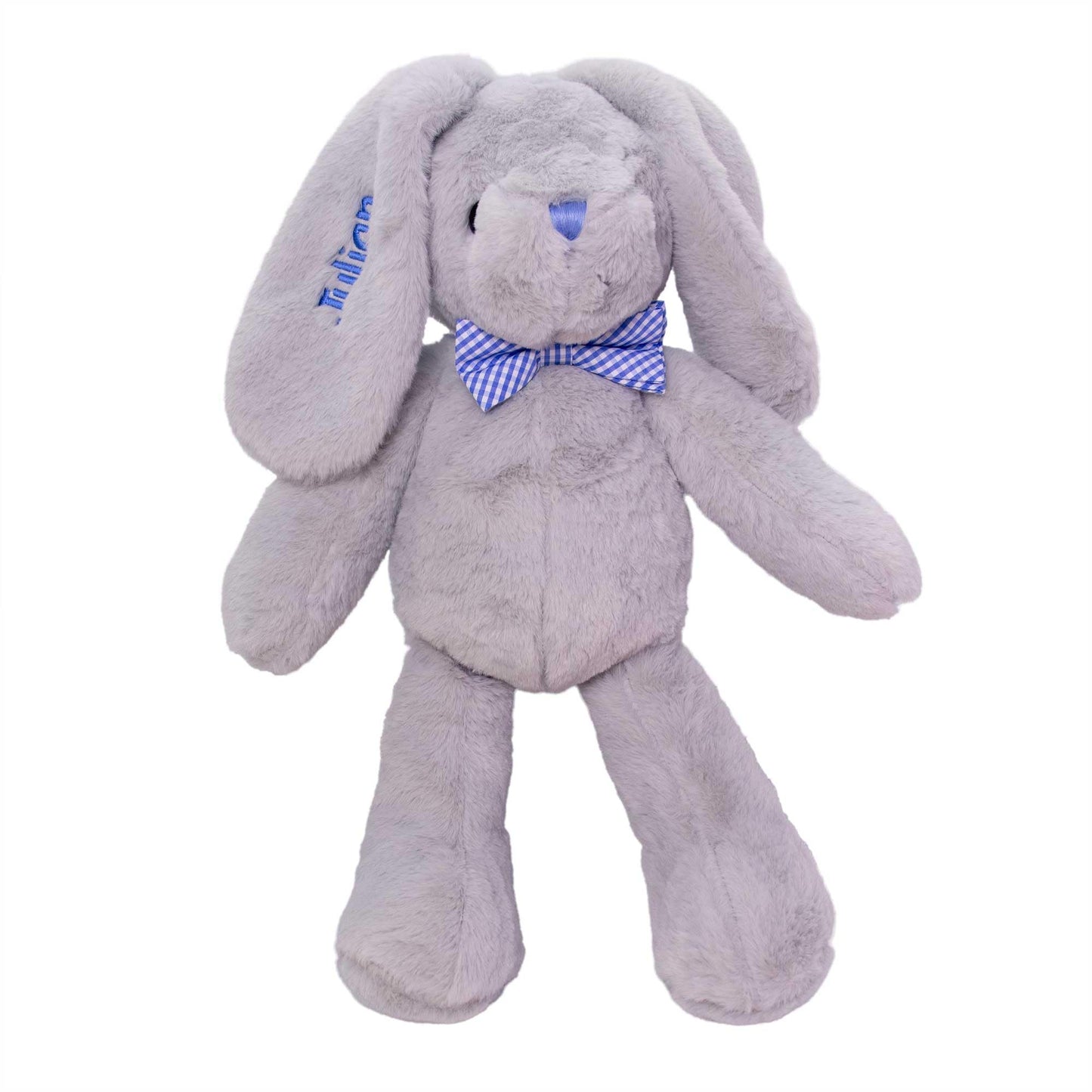 Dibsies Personalized Hoppity Floppity Bunny 18'' (Gray Bunny With Blue Bowtie)