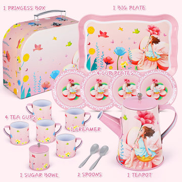 Kids Tea Party Set for Little Girls Birthday Gift Toys for 3 4 5 6 7 8 Year Old Girls, Cute Princess Play Toddlers Tin Tea Set,