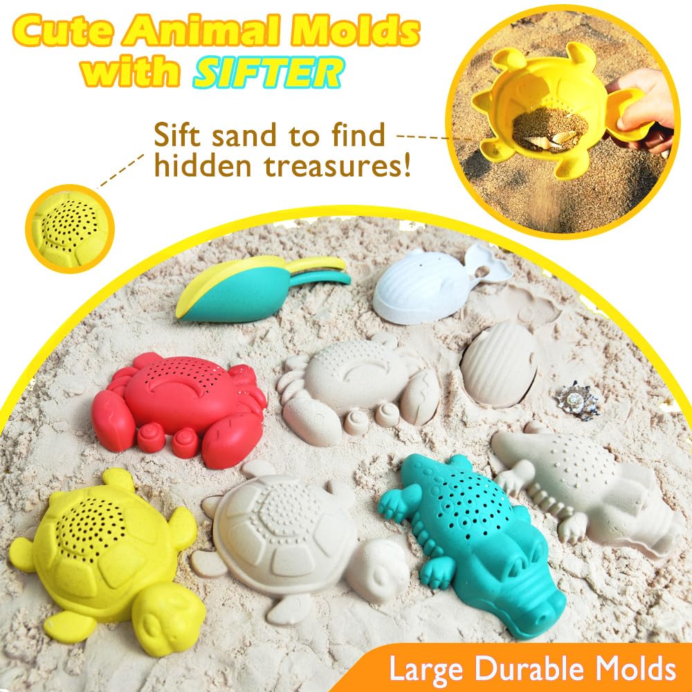Aclarastra Collapsible Beach Sand Toys for Kids - Travel Beach Toys with 2 Collapsible Beach Buckets, Mesh Bags, Sand Molds, San