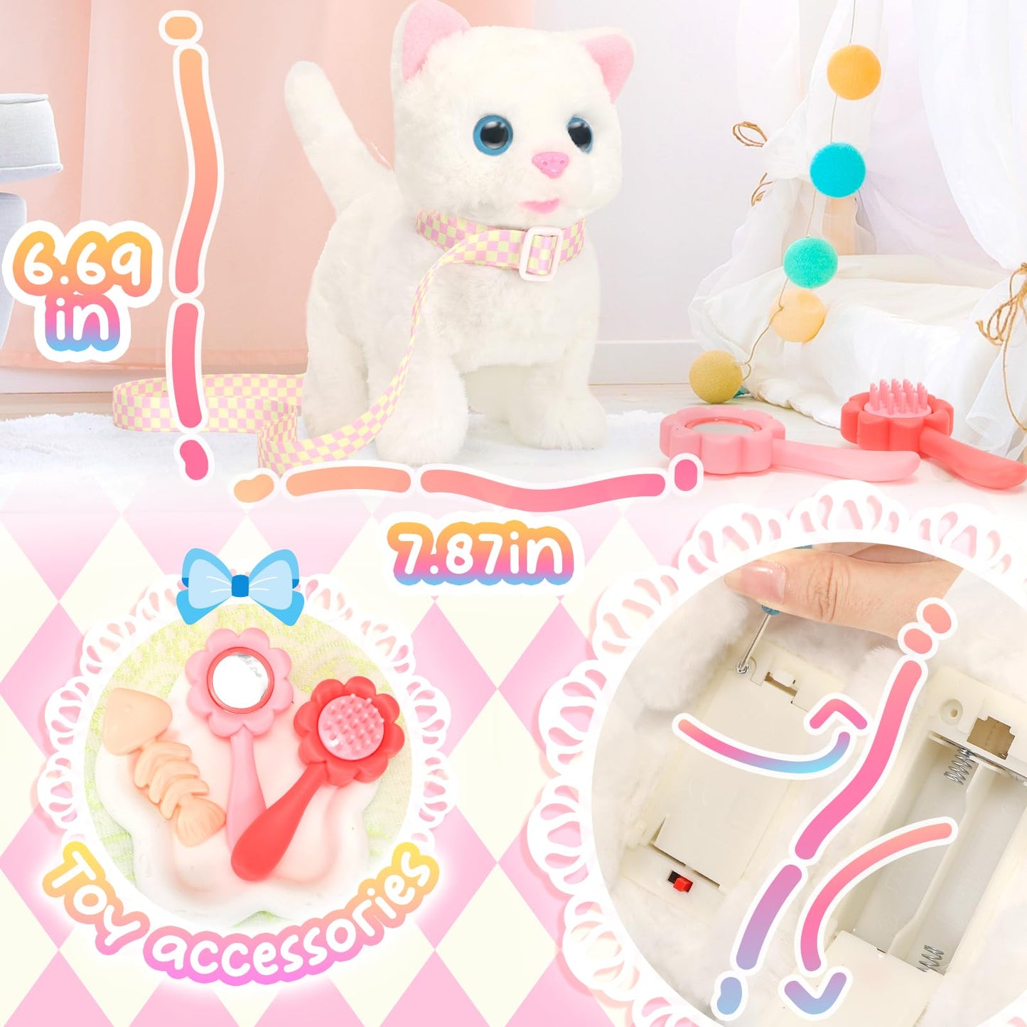 Tagitary Plush Toys Electronic Toy Cat That Walking And Meowing,Tail Wagging Interactive Toy Cat For Kids With Leash,Easter Christmas Birthday Gift For Toddlers Kids