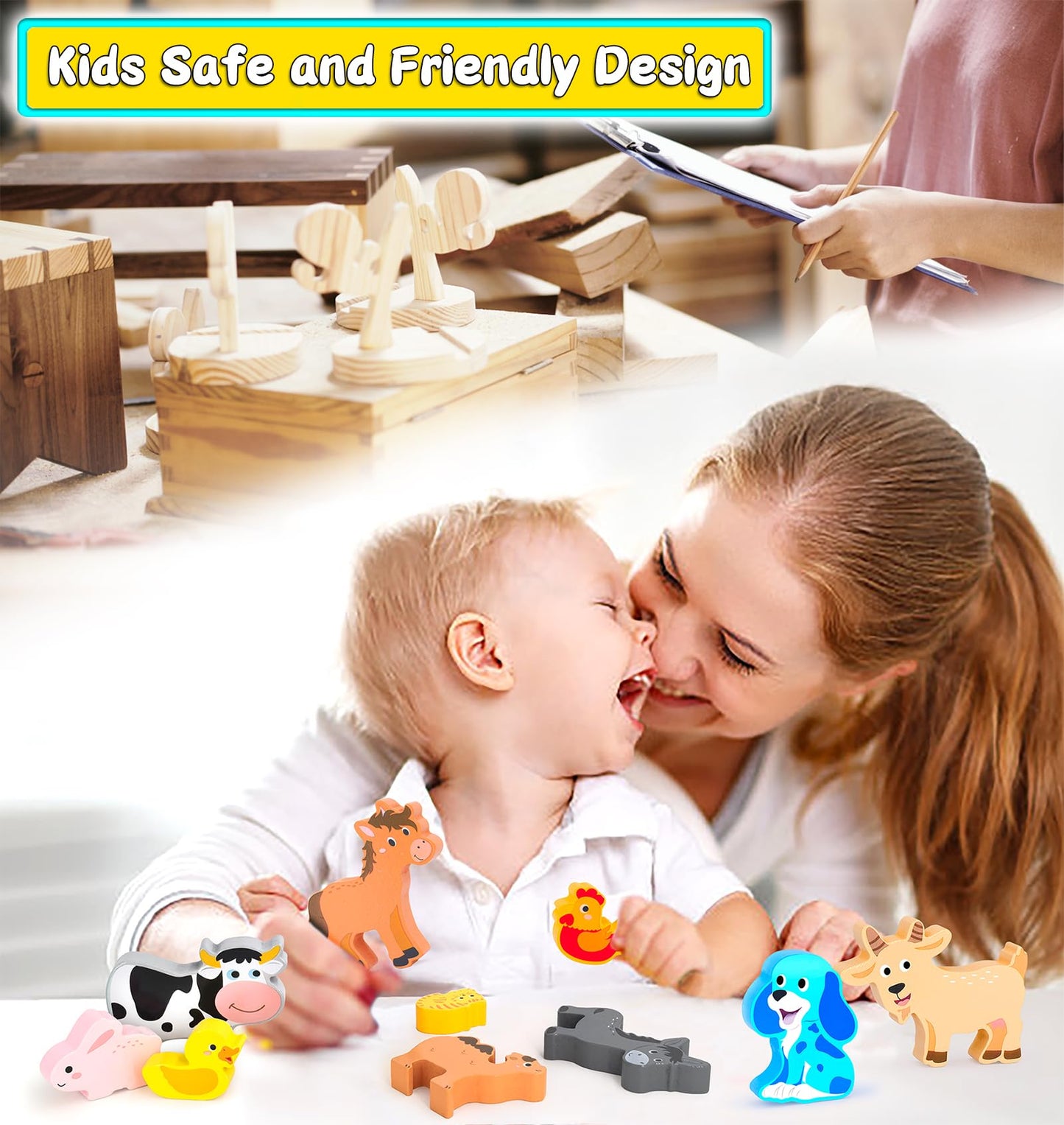 KECIABO Wooden Animal Puzzles Toys for Toddlers,12 Pcs Farm Animal Figures,Animal Matching Sorting Stacking Toys for Boys Child