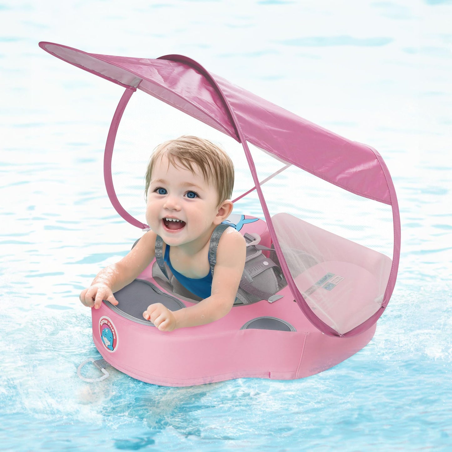 INFLATEFLY Baby Swim Float with Protection Sunshade Infant Pool Float Add Tail for 3-24 Months (Pink)