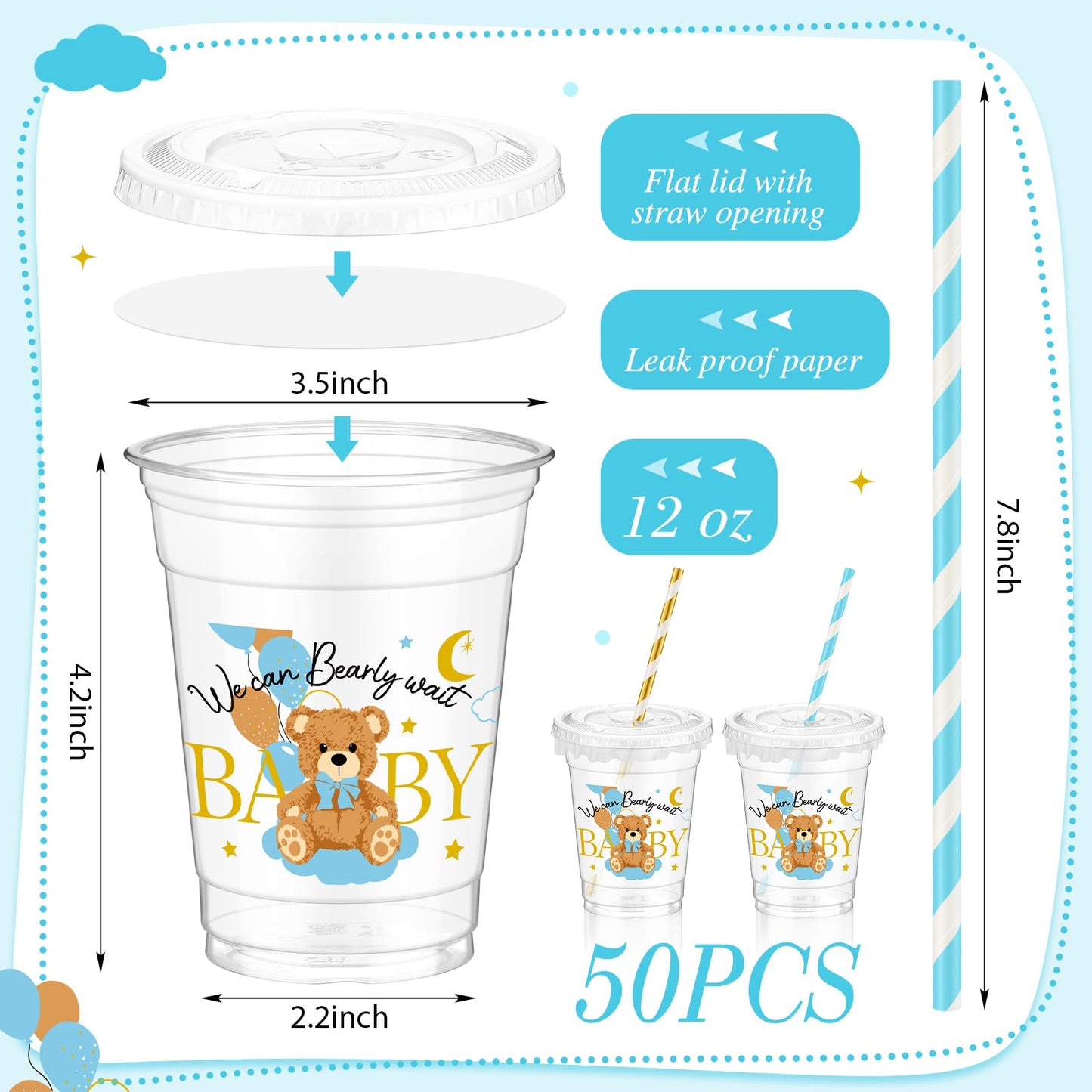 Foldtier 50 Pcs Baby Shower Party Disposable Plastic Cup 12 Oz Blue Bear Cups Thick Clear Cup Lids Straws Baby Shower Party Supp