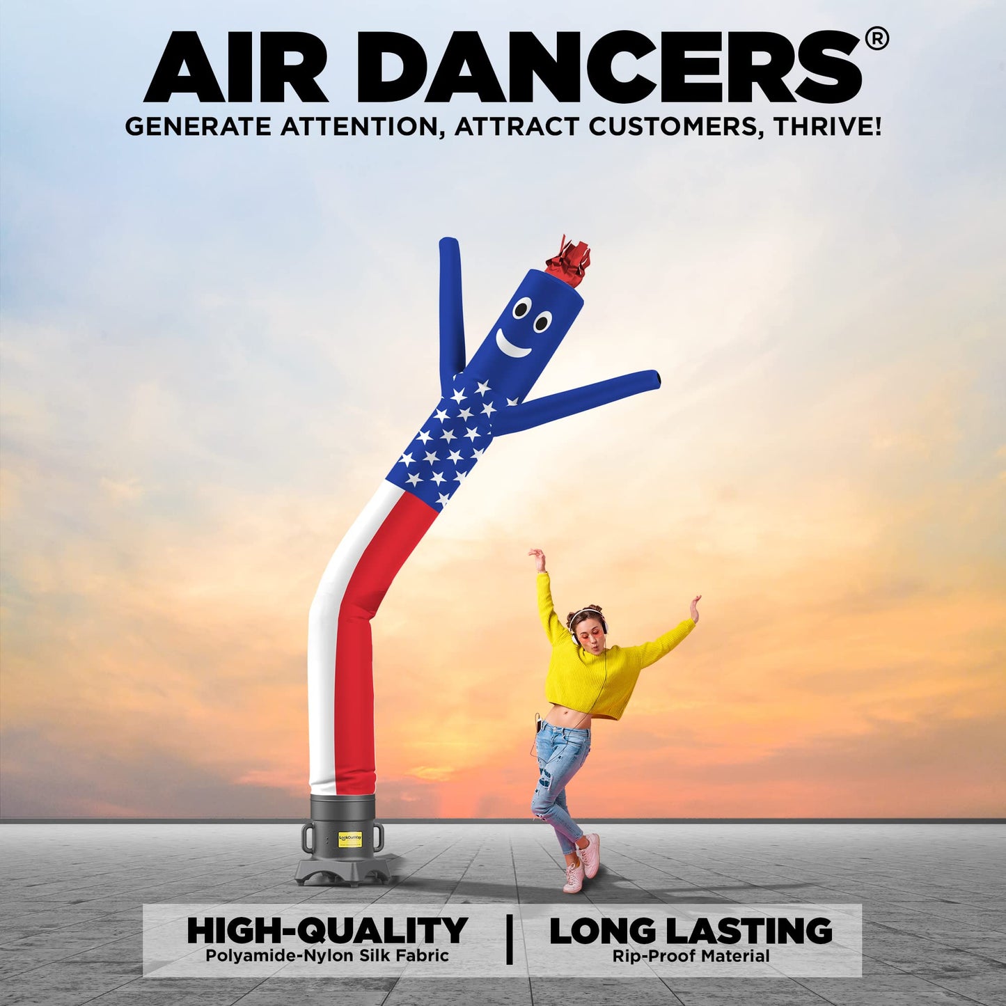 LookOurWay Air Dancers Inflatable Tube Man Set - 10ft Tall Wacky Waving Inflatable Dancing Tube Guy with 12-Inch Diameter Blower for Business Promotion - 4th of July Patriot Theme - American Flag