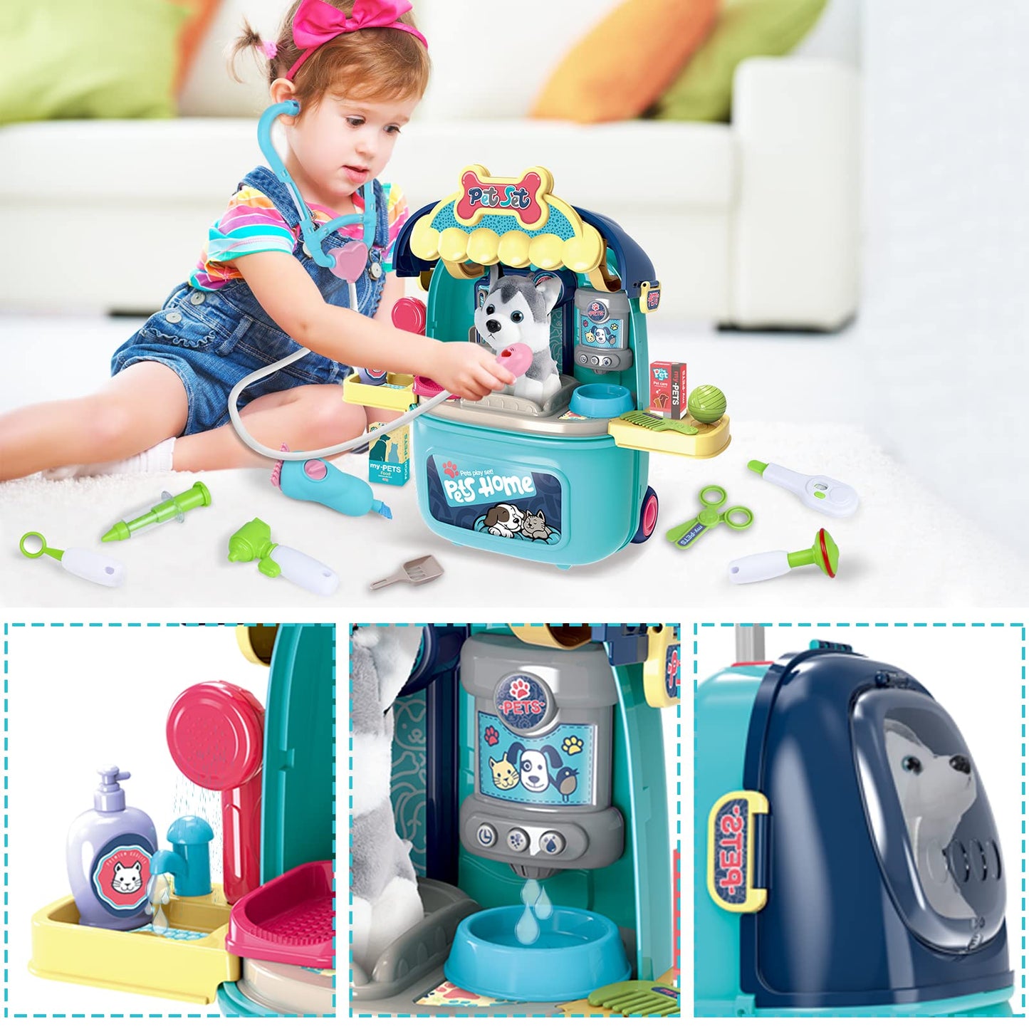 MAGIC4U Pet Cat Care Carrier Suitcase Toy, 29PCS Vet Clinic and Doctor Kit for Kids, Pet Dog Grooming Feeding Toys Veterinarian