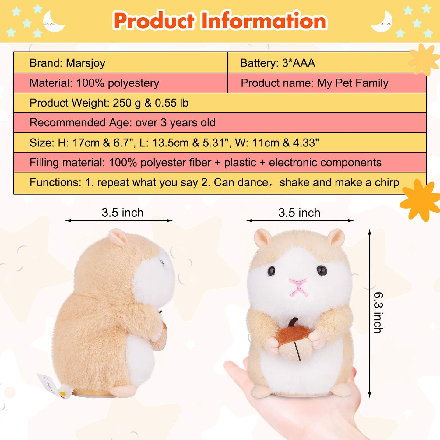 Hamster Talking Pet Toy Repeat What You Say Robot Plush Stuffed Animal Interactive, Dancing And Shaking Robotic Recording Toy, A