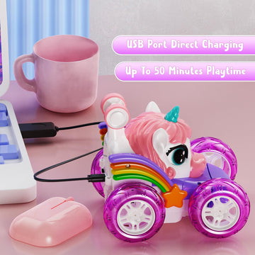 Unicorn Remote Control Car for Girls, 360 Rotating 4WD Stunt RC Cars with Cute Lights, Rechargeable Car Toys Birthday Gifts for