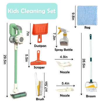 BAYMI Kids Cleaning Set - Vacuum, Broom, Dustpan & Brushes, Green, Model 950Green, Plastic, Ages 3+