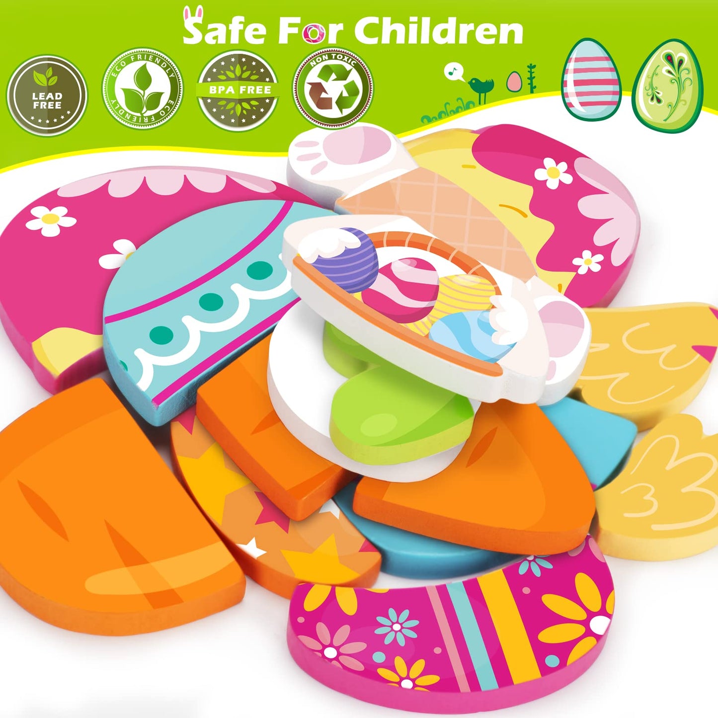 Easter Toys Gifts For Kids Toddlers - 4 Pack Wooden Puzzles With Rabbits, Carrots, Chicks, Eggs Design, Easter Party Favors For