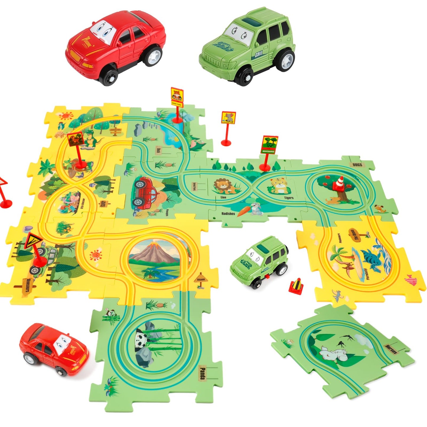 Yooyid Plastic Floor Puzzles For Kids With 2 Cute Vehicles, Puzzle Racer Kids Car Track Set, Montessori Toys For 3 4 5 6 Year Ol
