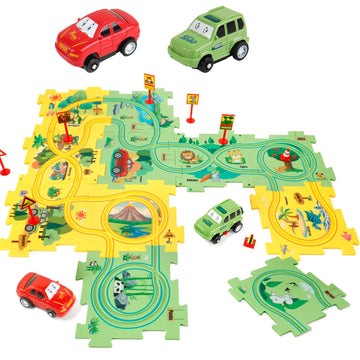 Yooyid Plastic Floor Puzzles For Kids With 2 Cute Vehicles, Puzzle Racer Kids Car Track Set, Montessori Toys For 3 4 5 6 Year Ol