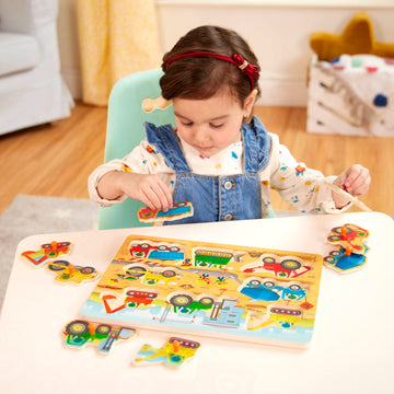 B. Toys- Peek & Explore - Construction Trucks- Wooden Peg Puzzle – Truck Puzzle For Toddlers, Kids – 8 Construction Truck Pieces – Dump Truck, Cement Mixer, Excavator & More – 2 Years +