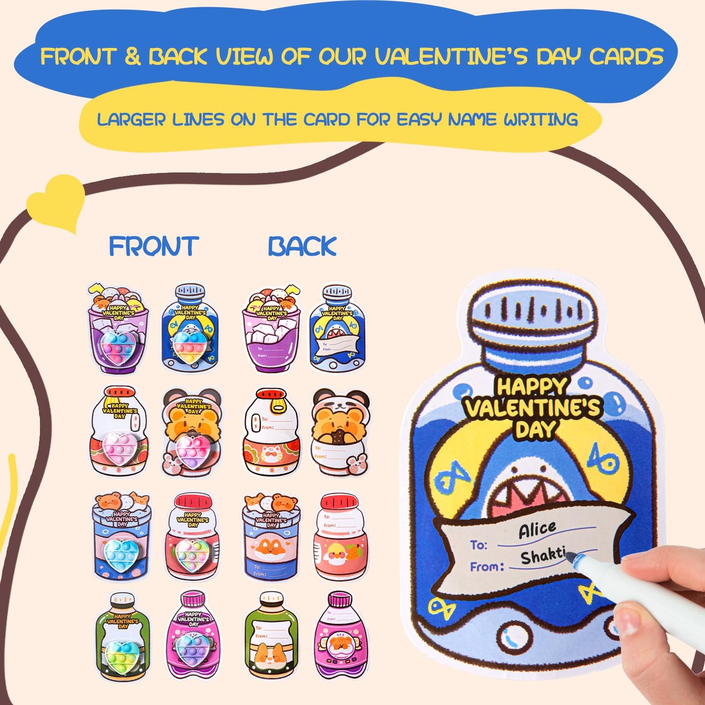 Meadin Valentines Day Gifts For Kids - 48 Pack Prefilled Heart Pop Fidget Valentines Cards For Kids Classroom - Valentine Exchan